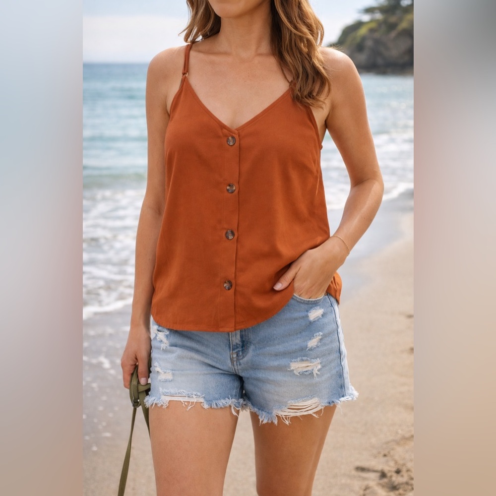 Rust Orange Button-Front Cami Tank | Adjustable Straps Lightweight Top Size L